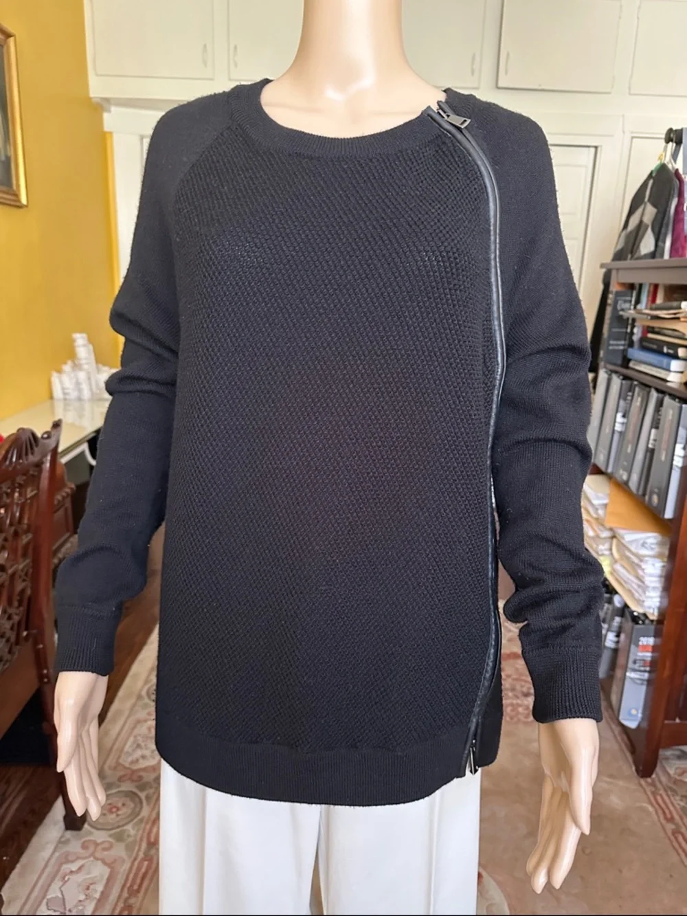 Vince Black Wool Asymmetrical Leather Trim Zip Sweater Size M